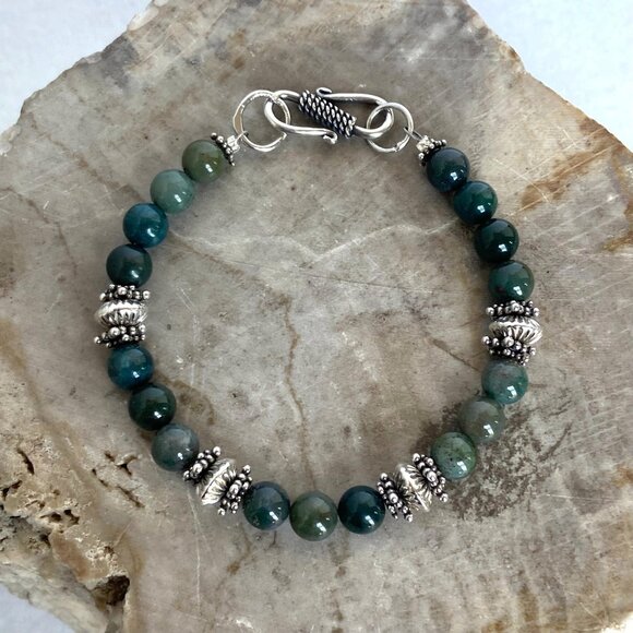Sterling Silver 925 Round Green Moss Agate Beaded Bracelet Sz 6.75" - Picture 1 of 16